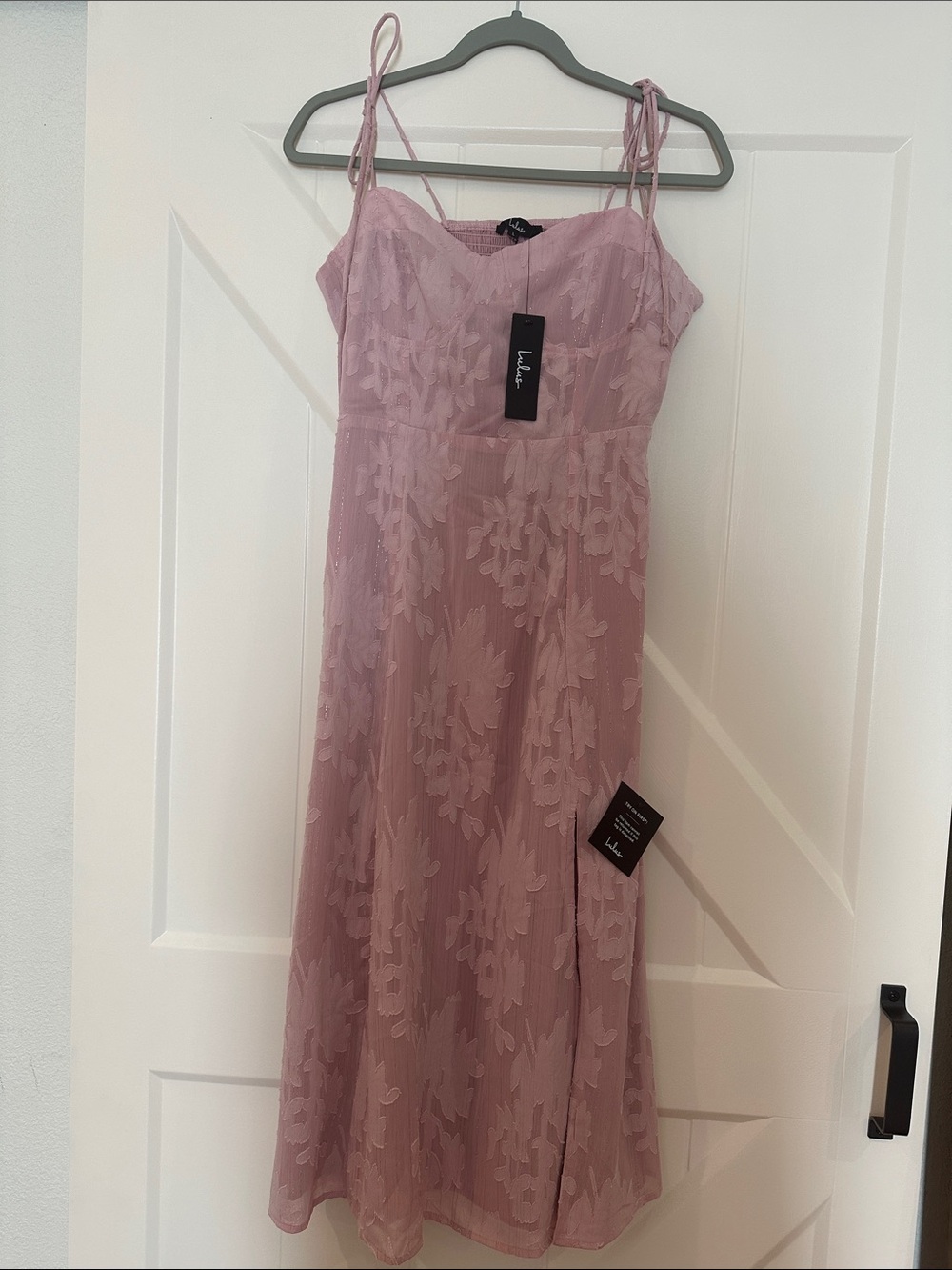 Lulu's Mauve Lace Midi Dress with Tie Straps